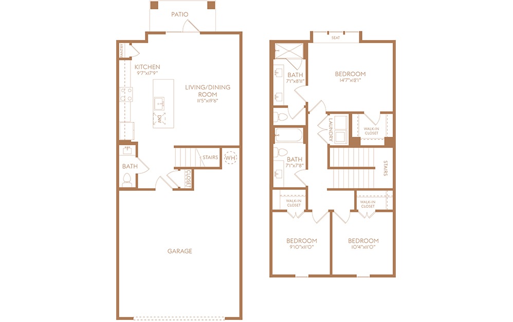 C1 - 3 bedroom floorplan layout with 2.5 baths and 1421 square feet. (2D)