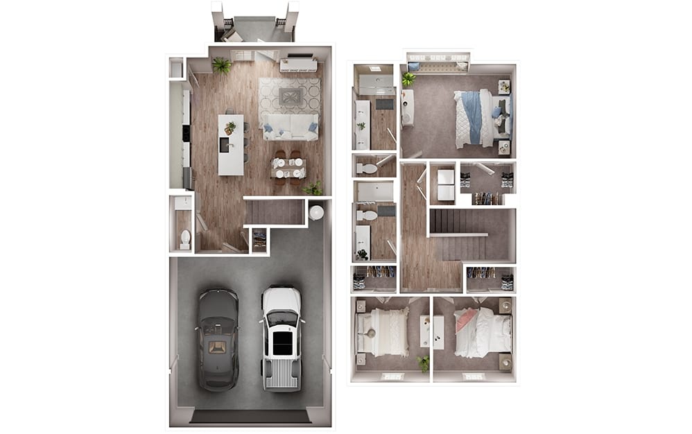 C1 - 3 bedroom floorplan layout with 2.5 bathrooms and 1421 square feet (3D)