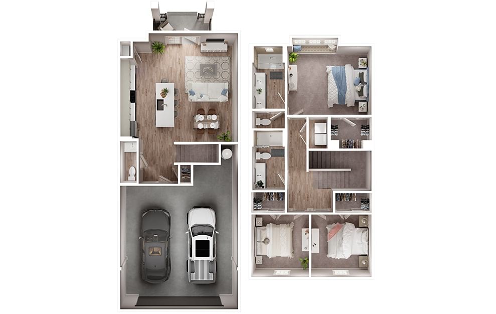 C1 - 3 bedroom floorplan layout with 2.5 baths and 1421 square feet. (3D)