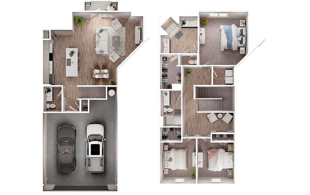 C3 - 3 bedroom floorplan layout with 2.5 bathrooms and 1695 square feet (3D)